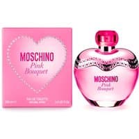 Pink heart-shaped Moschino Pink Bouquet Eau de Toilette bottle with matching pink box, adorned with silver accents.