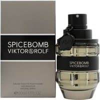 Spicebomb Eau de Toilette 50ml by Viktor & Rolf, grenade-shaped bottle with black band and cap, next to silver box.