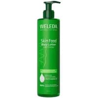 Green Weleda Skin Food Body Lotion bottle, 250ml, with pump dispenser and white text.