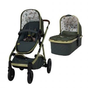 Cosatto Wow XL pushchair in green with a stylish carrycot, featuring a quilted design, plush seat, and a patterned interior, set on sturdy black wheels.