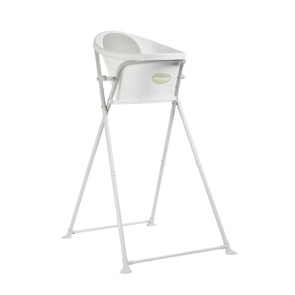 White plastic bath stand with a curved tub design, supported by a sturdy, foldable metal frame in light gray, ideal for baby bathing.
