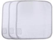 Three soft, white baby wash cloths with gray trim, designed for gentle cleaning, featuring a square shape and made from absorbent material.
