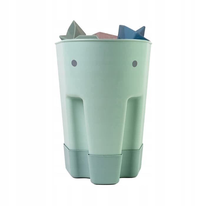 Shnuggle Ellie Bath Toy Scoop & Drying Caddy in eucalyptus green, featuring an elephant design with a rounded body and two ears, holding colorful foam bath toys.