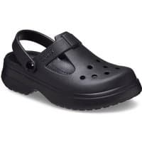 Black toddler Mary Jane clog by Crocs with perforated toe box and adjustable heel strap, size Infant 4.