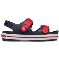 Navy Crocs Kids Crocband Play Sandal with red straps, white sole stripe, and adjustable closures, Size: Infant 1.