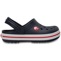 Navy toddler Crocband clog with red and white stripe, perforated toe box, and adjustable heel strap.