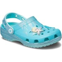 Turquoise Crocs toddler clogs with Frozen Elsa design, size Infant 5, featuring a strap and snowflake accents.
