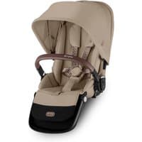 Cybex Gazelle S second seat in almond beige, taupe frame, adjustable canopy, padded harness, and brown handlebar.