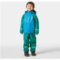Green Helly Hansen kids' rain set with fleece lining, hooded jacket, and matching pants, featuring reflective details.