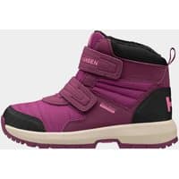 Purple Helly Hansen kids waterproof boots with Velcro straps, black accents, and rugged sole.
