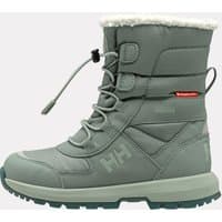 Green Helly Hansen kid's waterproof boots with lace-up front, fleece lining, and rugged sole, size 10.