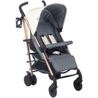 Quilted champagne cream stroller with black wheels, adjustable canopy, and rose gold frame.