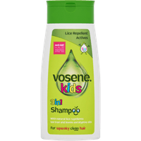 Green and white Vasene Kids 3-in-1 Shampoo bottle, 250ml, with colorful text and a droplet graphic on the front.