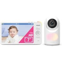 White VTech digital video baby monitor with 7" HD screen and camera, displaying a smiling baby.