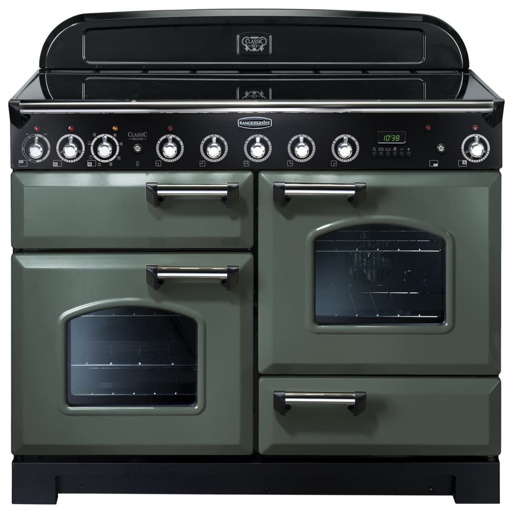 Classic Deluxe 110cm induction range cooker in mineral green with chrome trim, featuring two ovens, a sleek black control panel, and multiple knobs for precise cooking control.