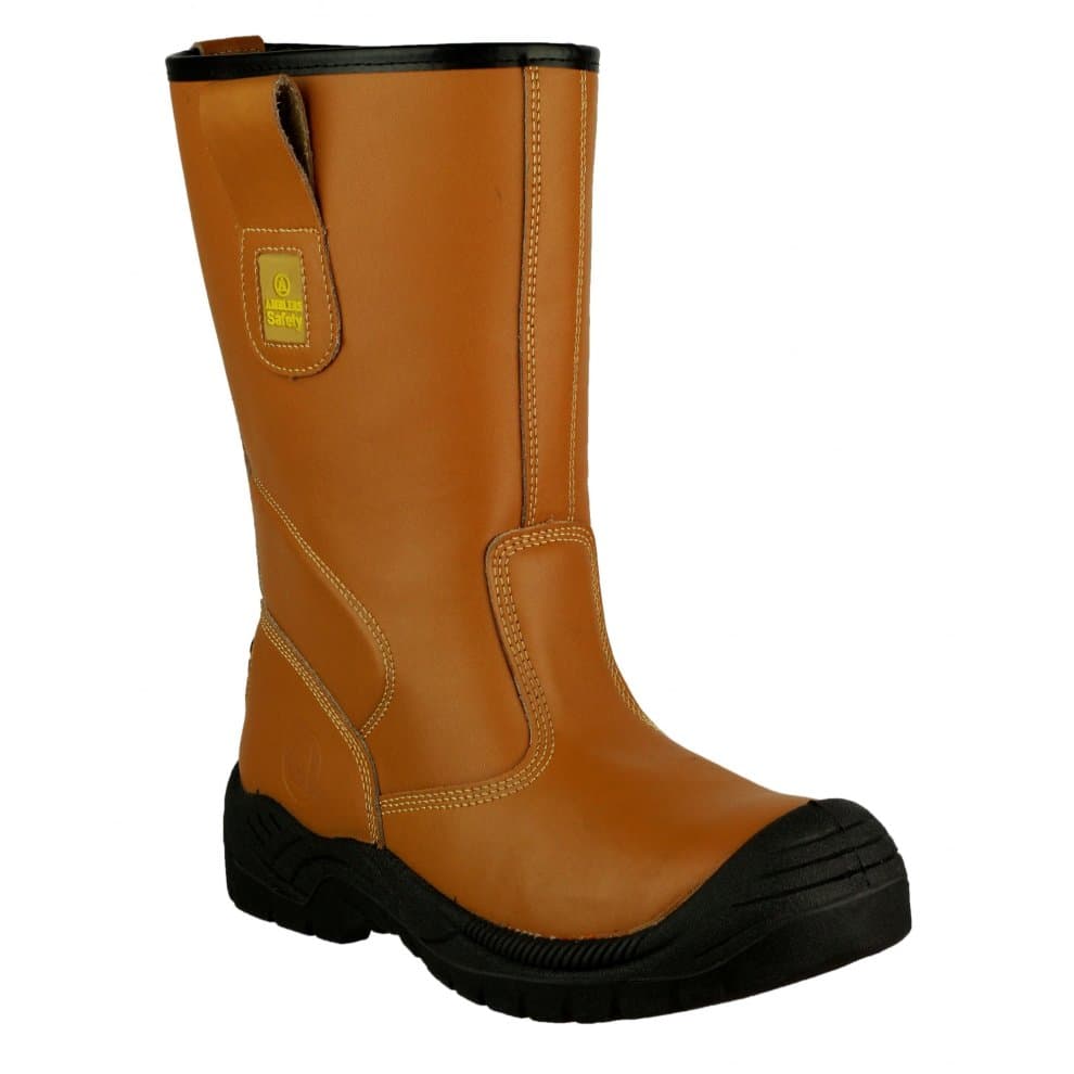 Tan water-resistant safety rigger boot featuring a sturdy black rubber sole, reinforced toe, and yellow branding on the side for enhanced visibility and protection.
