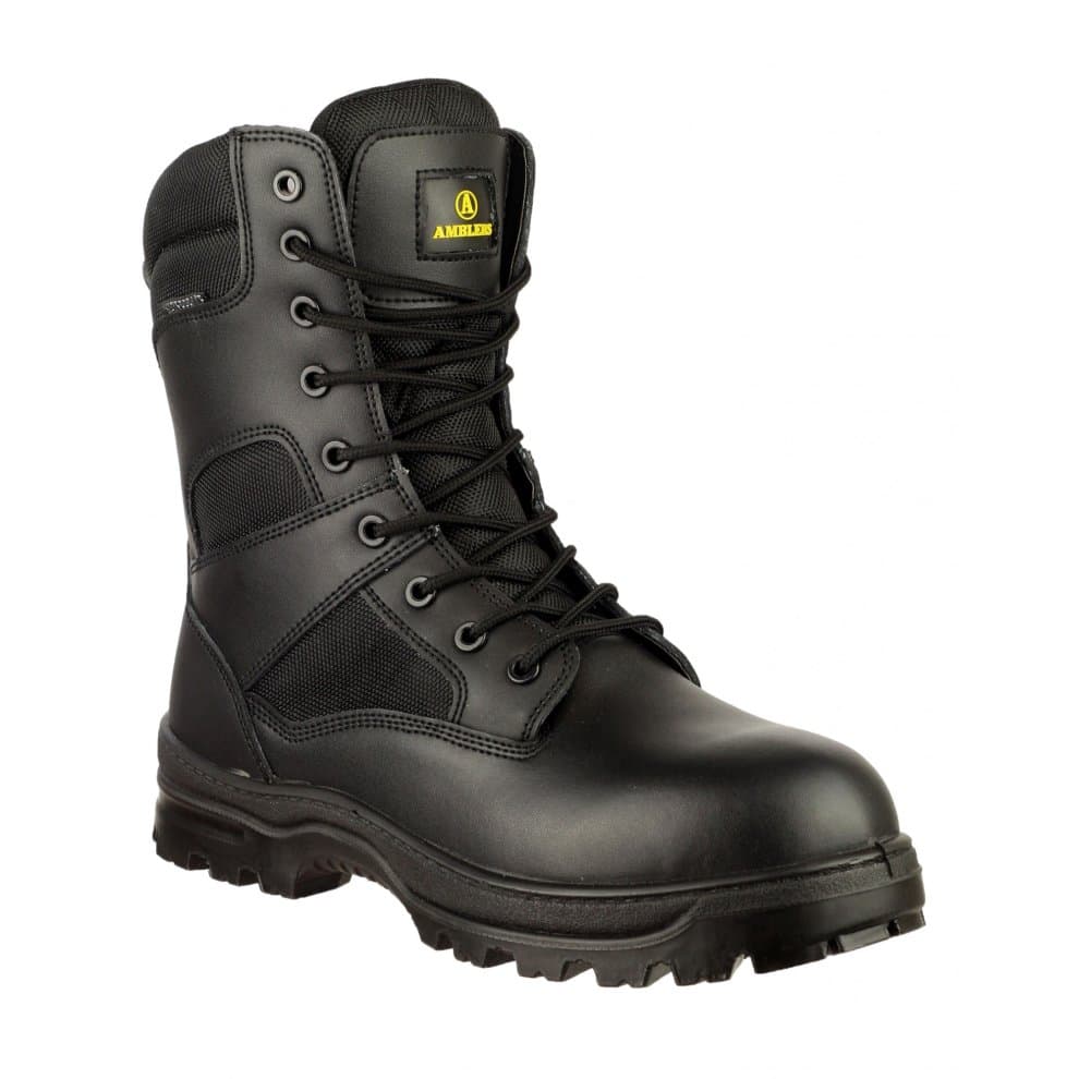 Black waterproof combat boots with metal-free construction, featuring a high leg design, sturdy laces, and a rugged sole, available in size 14.