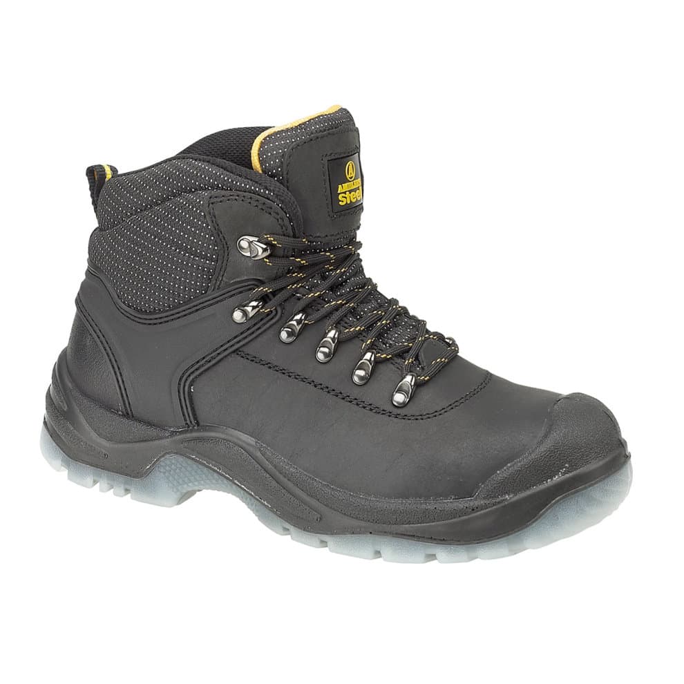 Black Amblers Men's Safety FS199 hiker boots with antistatic features, padded collar, metal eyelets, and a durable rubber sole, size 13.