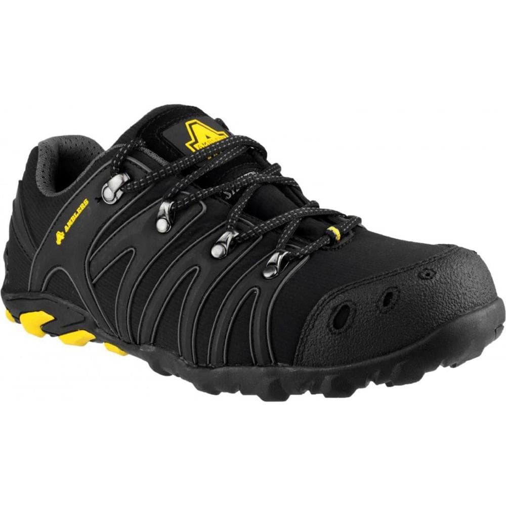 Black soft shell trainer with yellow accents, featuring a durable rubber toe cap, secure lacing system, and a textured outsole for enhanced grip.