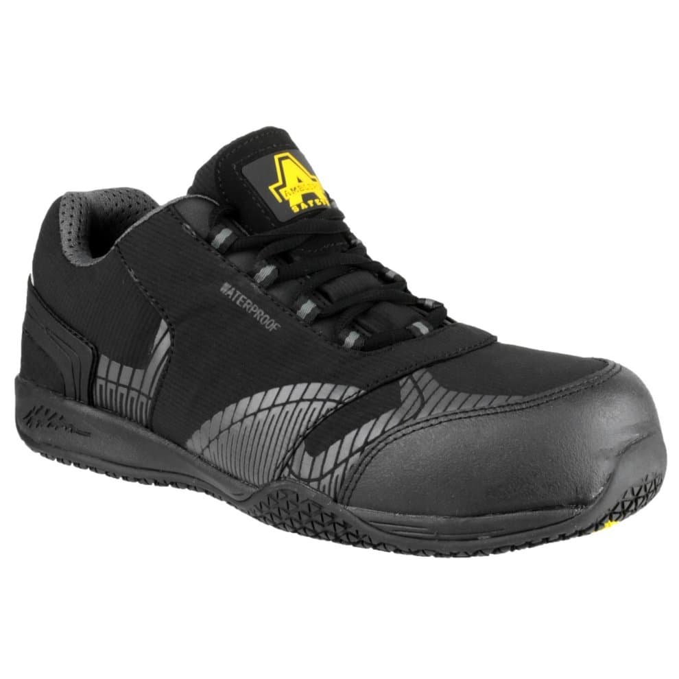Black waterproof safety trainers with a metal-free design, featuring a textured upper, reinforced toe cap, and a durable rubber sole for enhanced grip and protection.