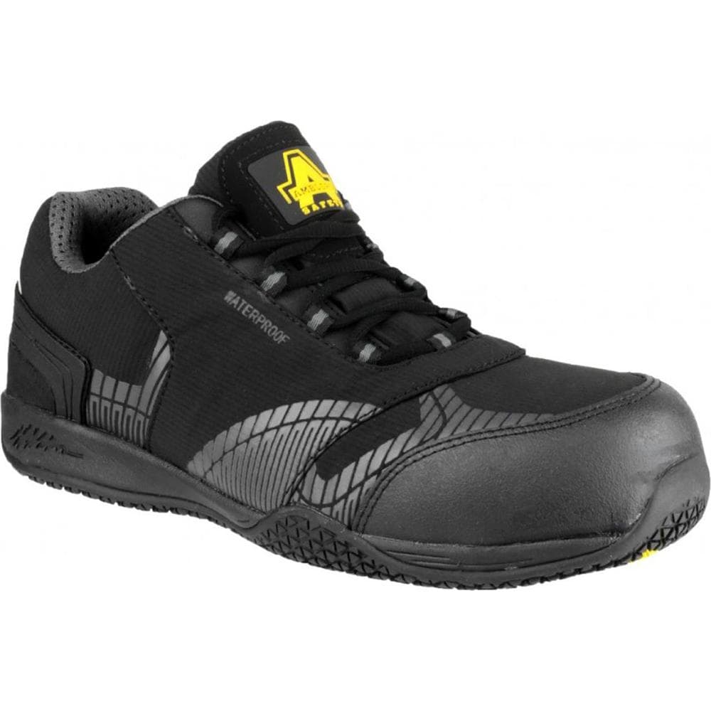 Black waterproof safety trainers featuring a metal-free design, non-leather material, and a reinforced toe cap, with a textured sole for grip and a sleek, modern look.