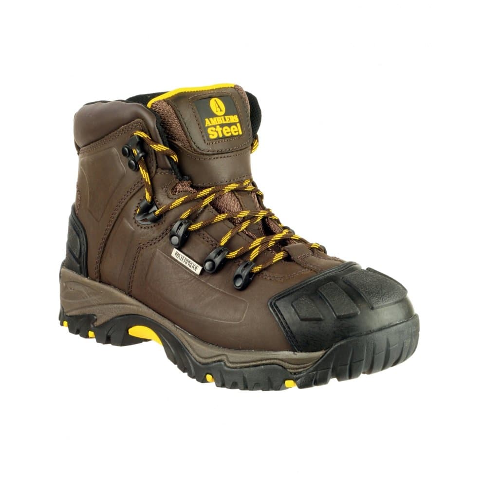 Brown waterproof safety boots with steel toe, yellow accents, and durable rubber sole, featuring lace-up design and padded collar, size 15 by Footsure Western Limited.