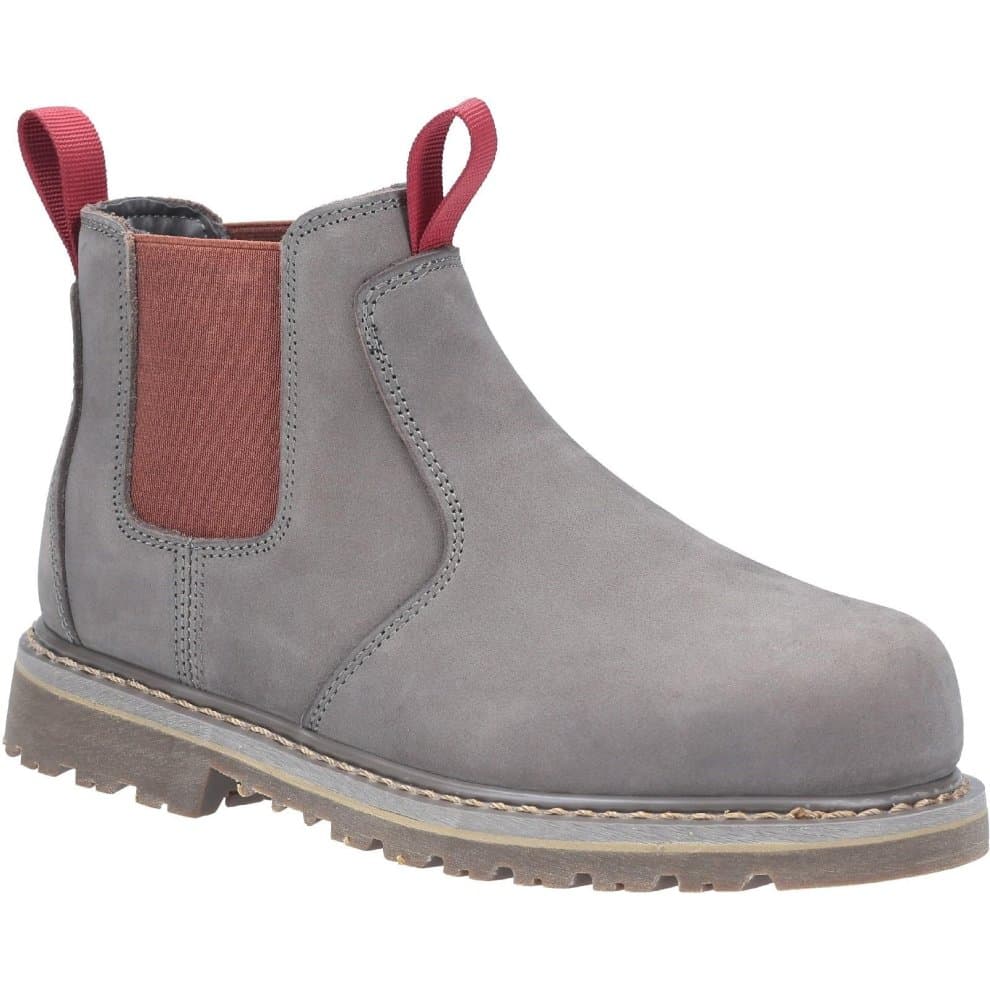 Gray slip-on safety boot with a sturdy rubber sole, featuring elastic side panels in a rust color and a reinforced toe for added protection.