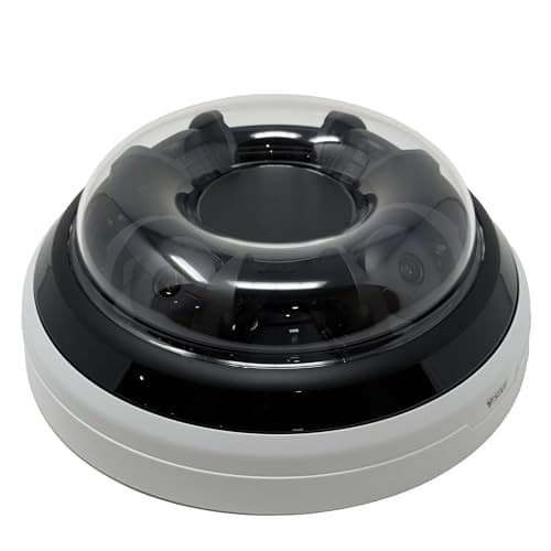 AXIS P3748-PLVE is a compact, dome-shaped surveillance camera with a glossy black top and a white base, featuring multiple lenses visible through the transparent dome.