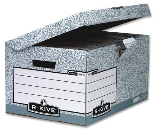 Grey flip-top storage box with a speckled design, featuring a label area for identification, made of sturdy cardboard, sold in a pack of 10.