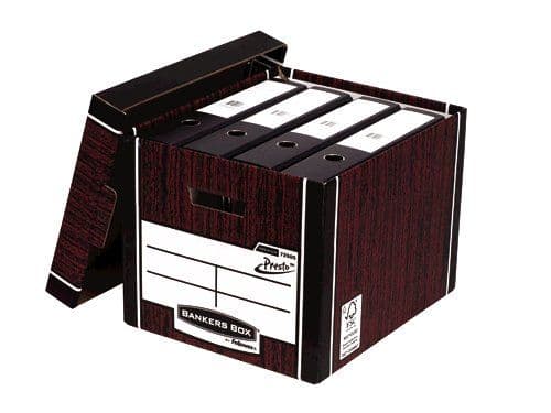 Premium tall box in woodgrain finish, featuring a black and dark brown design, with a label area and four binder compartments, sold in a pack of 10.