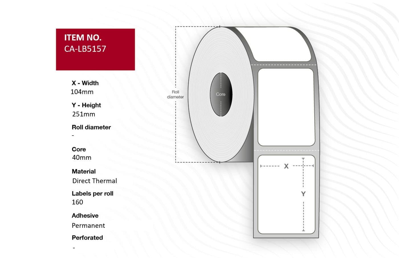 White thermal label roll with dimensions 104mm wide and 251mm high, featuring a 40mm core and perforated edges, designed for direct thermal printing.