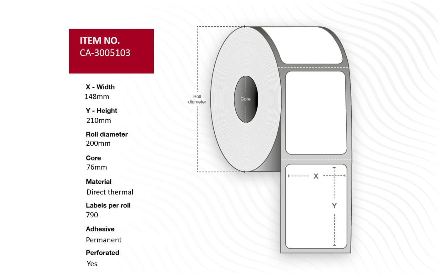 White thermal label roll with a core diameter of 76mm, dimensions 148mm x 210mm, featuring perforated labels and a total of 790 labels per roll.