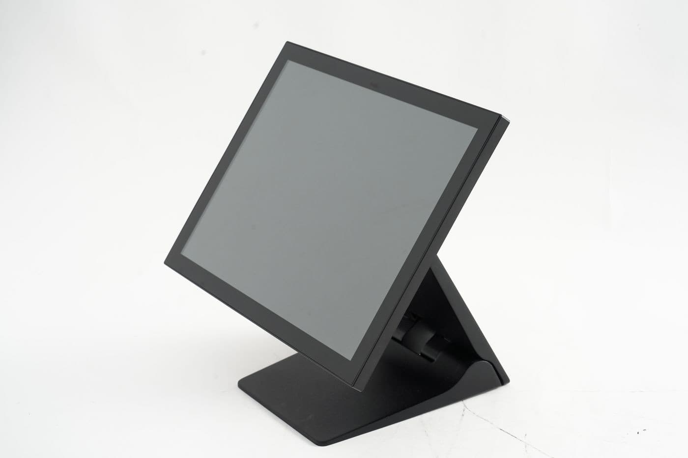 15-inch black POS system with a sleek design, featuring a touchscreen display mounted on a sturdy, adjustable stand for optimal viewing angles.