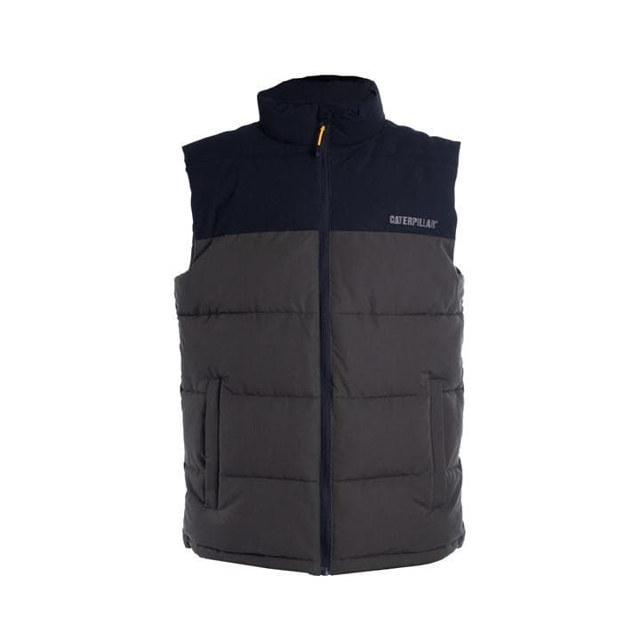 Green Caterpillar Arctic Zone vest featuring a puffer design, zippered front, high collar, and two side pockets, with a contrasting navy upper section and logo on the chest.