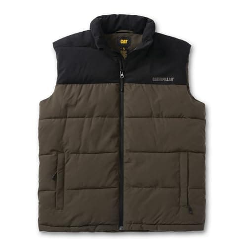 Green and black sleeveless vest featuring a quilted design, front zipper, and the Caterpillar logo on the chest, made from durable, insulated material.
