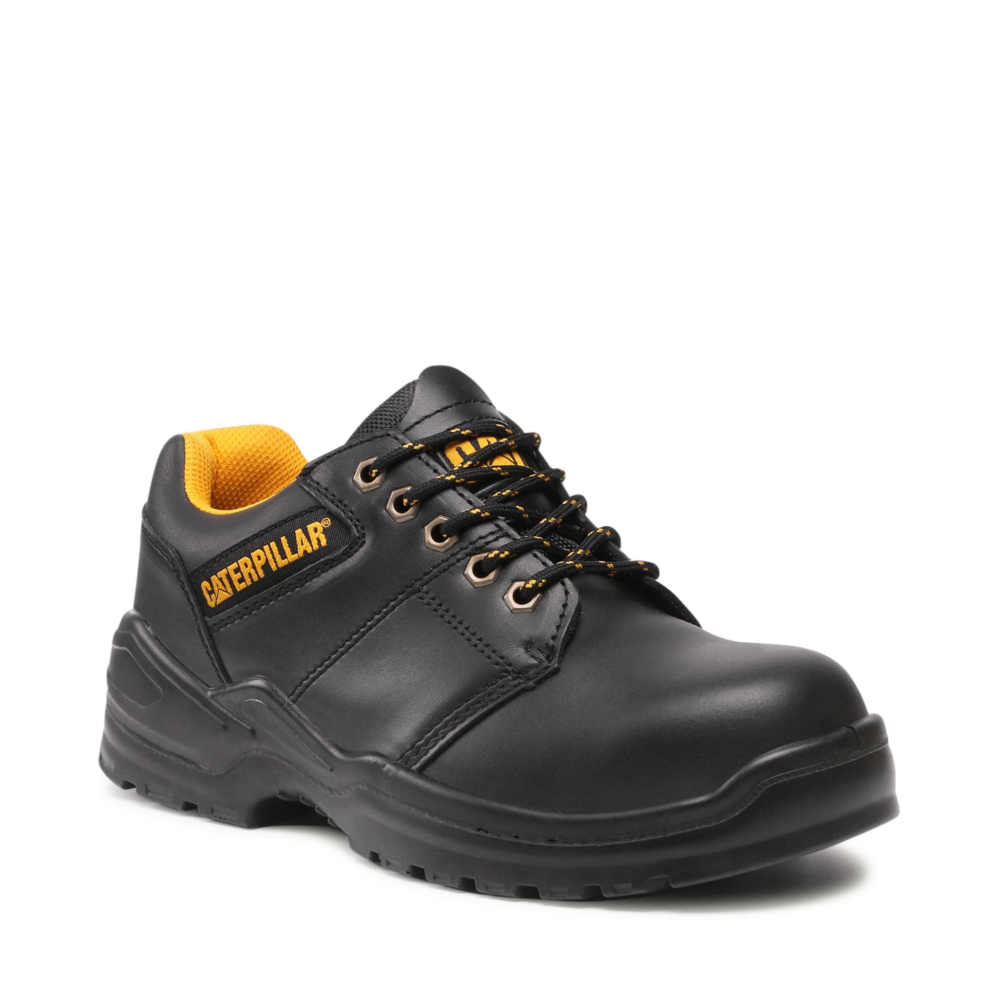 Black leather Caterpillar Men's Striver Low S3 Safety Shoe featuring a reinforced toe, yellow accents, and sturdy laces for enhanced durability and protection.