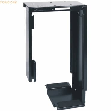 Black metal computer holder with an open frame design, featuring adjustable width and height, suitable for desktop use, providing ergonomic support for monitors.