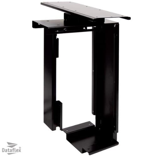 Black metal computer holder with adjustable top shelf, designed for desk use, featuring a sturdy frame and open design for ventilation and accessibility.