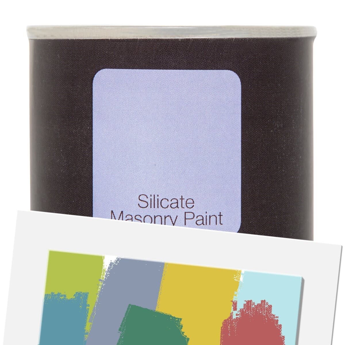 Earthborn Silicate Masonry Paint in Nutmeg, 100ml tin with a dark label and light blue square, accompanied by a color swatch featuring various paint strokes.