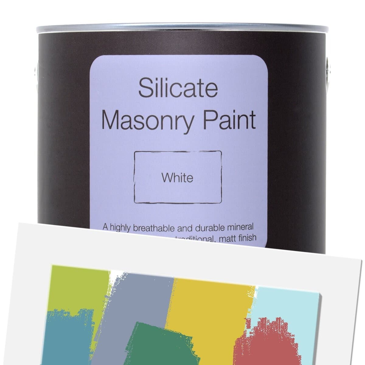Earthborn Silicate Masonry Paint in a 2.5L tin, featuring a white label with purple accents, showcasing a matte finish and color swatches in various shades on a white background.
