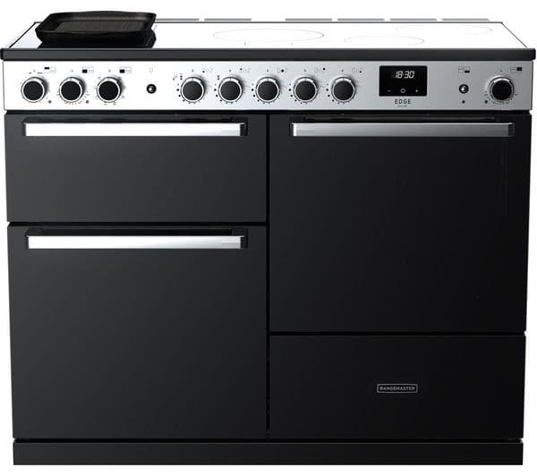 Black glass and chrome 100cm Rangemaster Edge Deluxe induction cooker featuring four cooking zones, a digital display, and two spacious ovens with sleek handles.