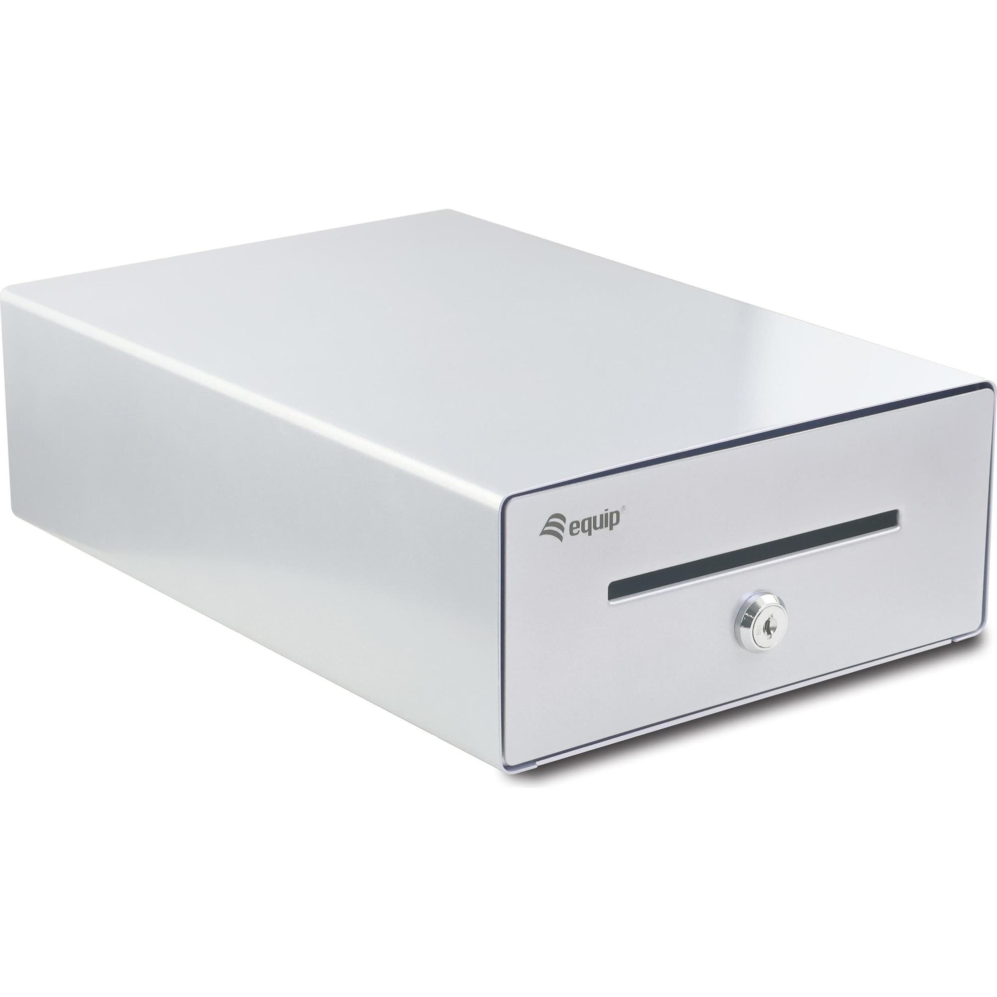Silver cash register drawer with a sleek metal finish, featuring a secure lock, a single bill slot, and compartments for 4 bills and 4 coins, designed for POS systems.