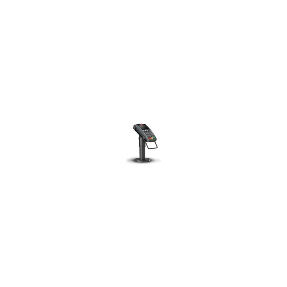 Compact black payment terminal mounted on a sturdy stand, featuring a keypad and screen, designed for ergonomic use with DuraTilt® technology for adjustable viewing angles.