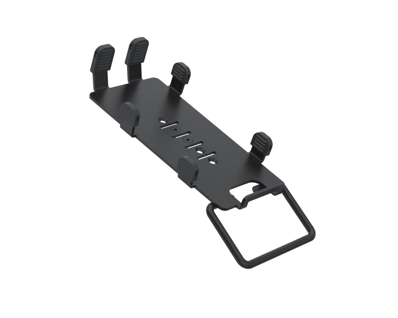 Black metal multi-grip holder designed for Ingenico RX5000, featuring four rubberized grips for secure device placement and a sturdy handle for easy transport.
