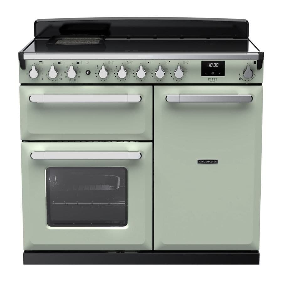 Mint green and chrome 100cm induction range cooker featuring a sleek design, multiple knobs, a large oven door, and a smooth black cooktop with a griddle.