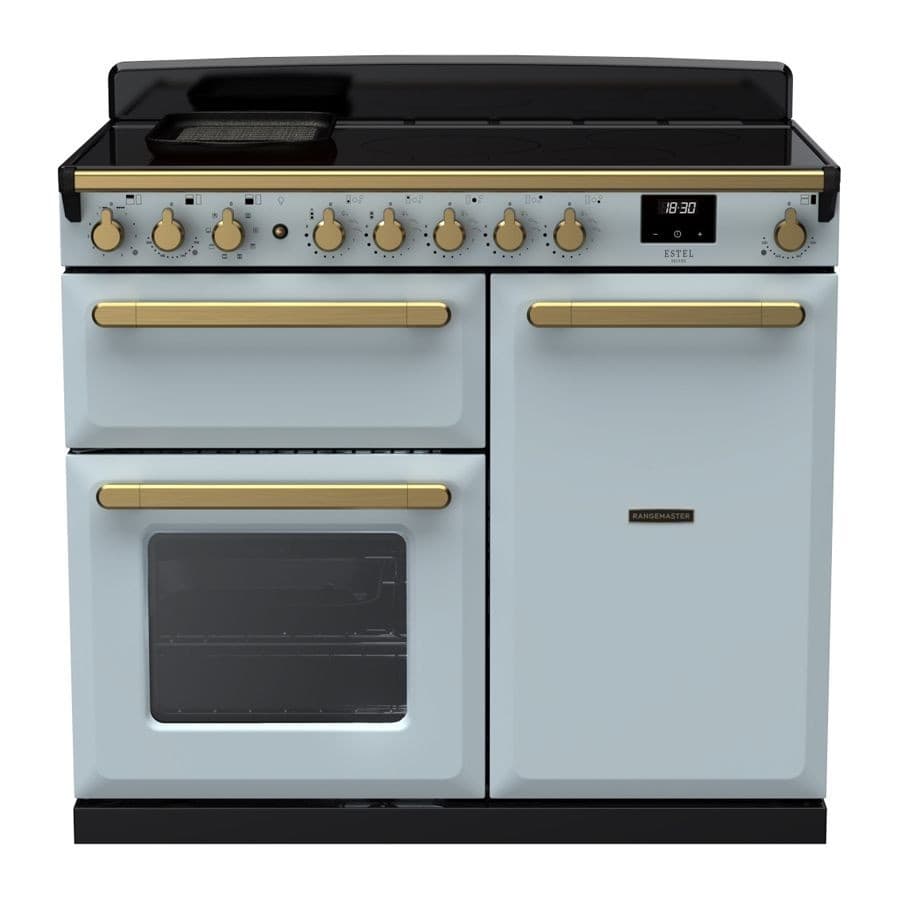 Misty blue induction range cooker with antique brass knobs, featuring a black glass top, two ovens, and a digital display for precise cooking.