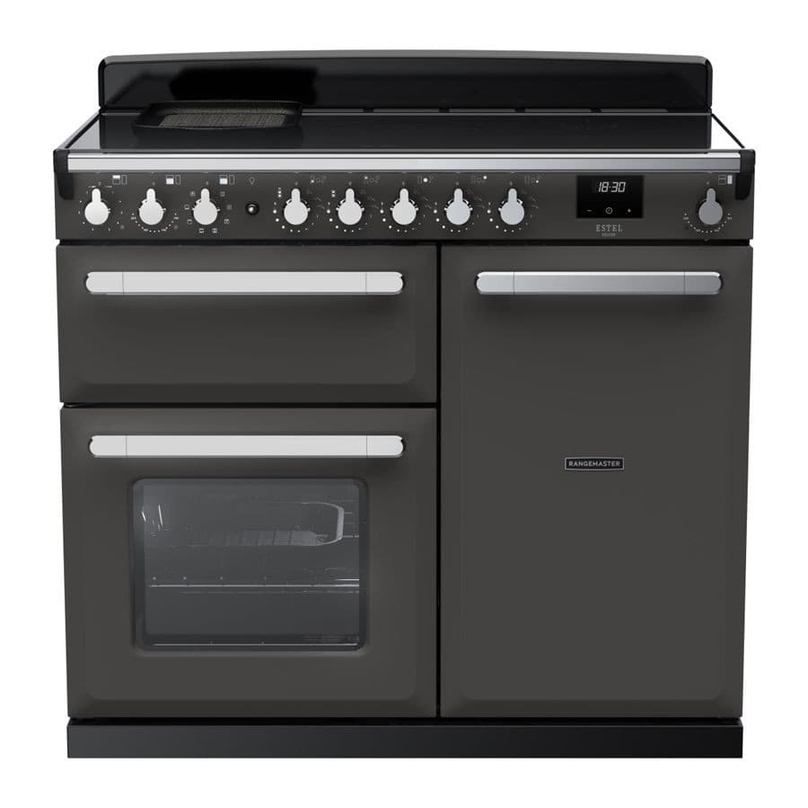 Slate grey induction range cooker with chrome accents, featuring five control knobs, a large oven door, and a sleek glass top with a warming zone.