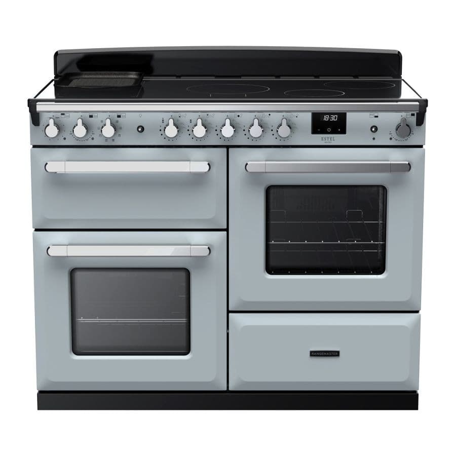 Misty blue and chrome 110cm induction range cooker with four cooking zones, two ovens, digital display, and chrome knobs for temperature control.