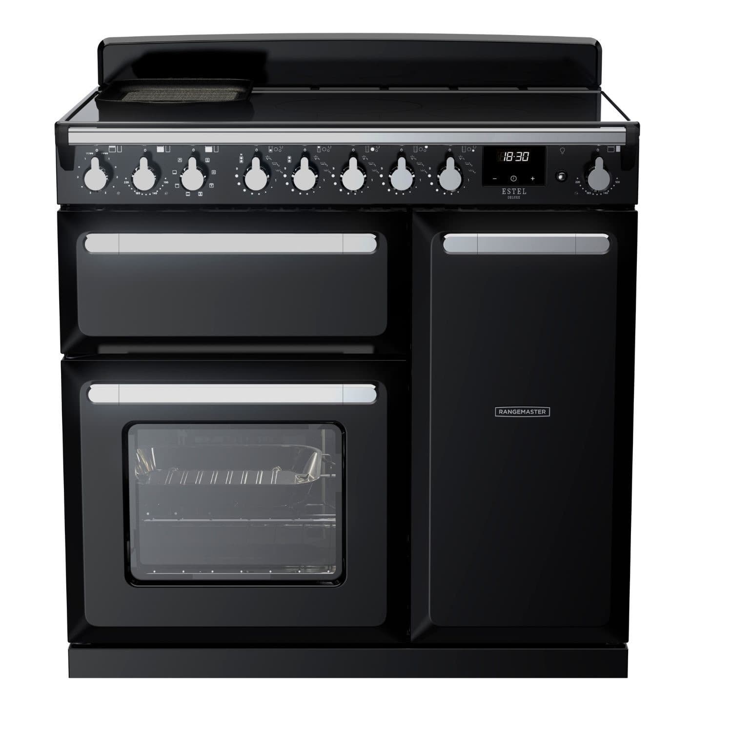 Black and chrome Estel Deluxe 90cm induction range cooker featuring five control knobs, two ovens with glass doors, and a sleek, modern design.