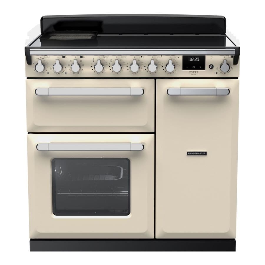 Pale cream and chrome 90cm induction range cooker featuring two ovens, a black glass top, and multiple control knobs for precise cooking.